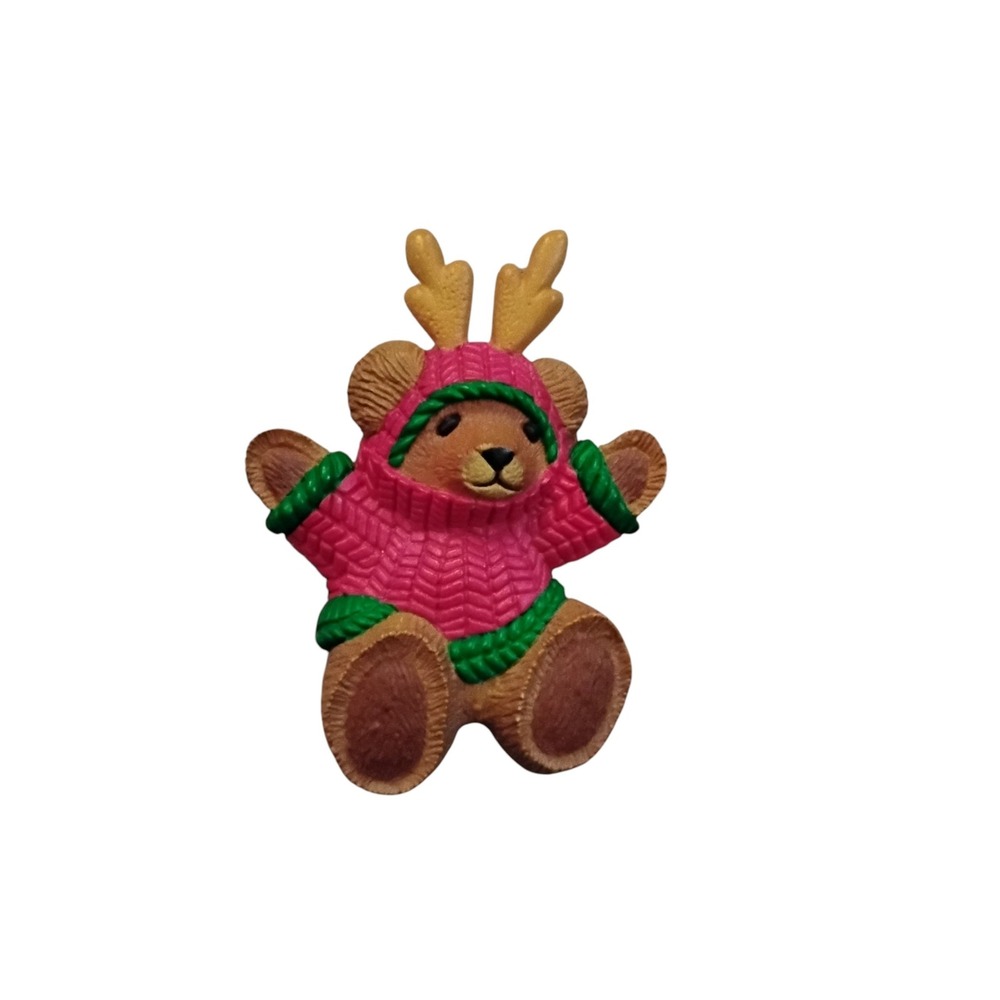 Vintage Hallmark Christmas Bear Pin Reindeer Antlers Pink Sweater Brooch 80s 90s
